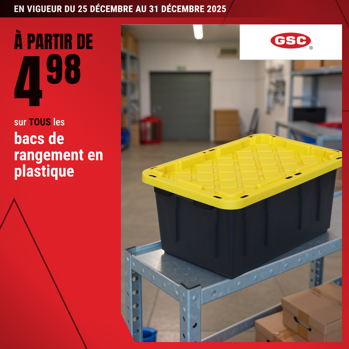 À partir de 4,98$ sur tous les bacs de rangement en plastique!
