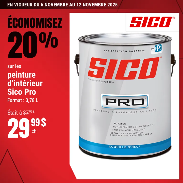 Économisez 20% sur les peintures d’intérieur Sico Pro 3,78L!