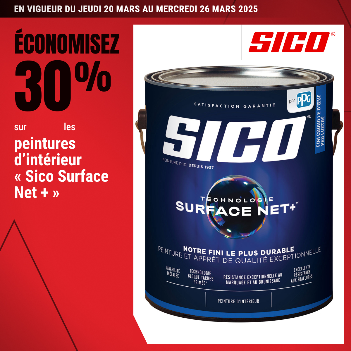 Économisez 30 % sur toutes les peintures d’intérieur « Sico Surface Net + »