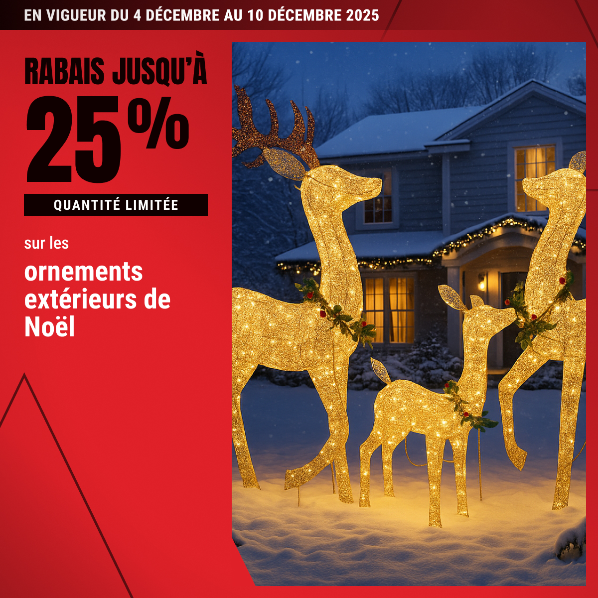 Rabais jusqu’à 25% sur les ornements extérieurs de Noël!