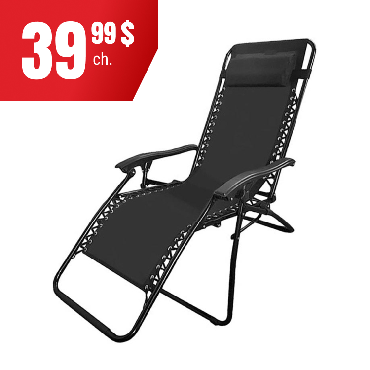 Chaise pliante zéro gravité à 39,99 $. Disponible en trois couleurs.