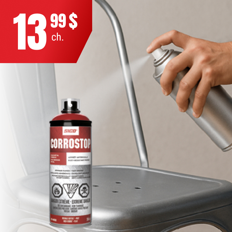 Peintures aérosols Sico Corrostop à 13,99 $ chacune.