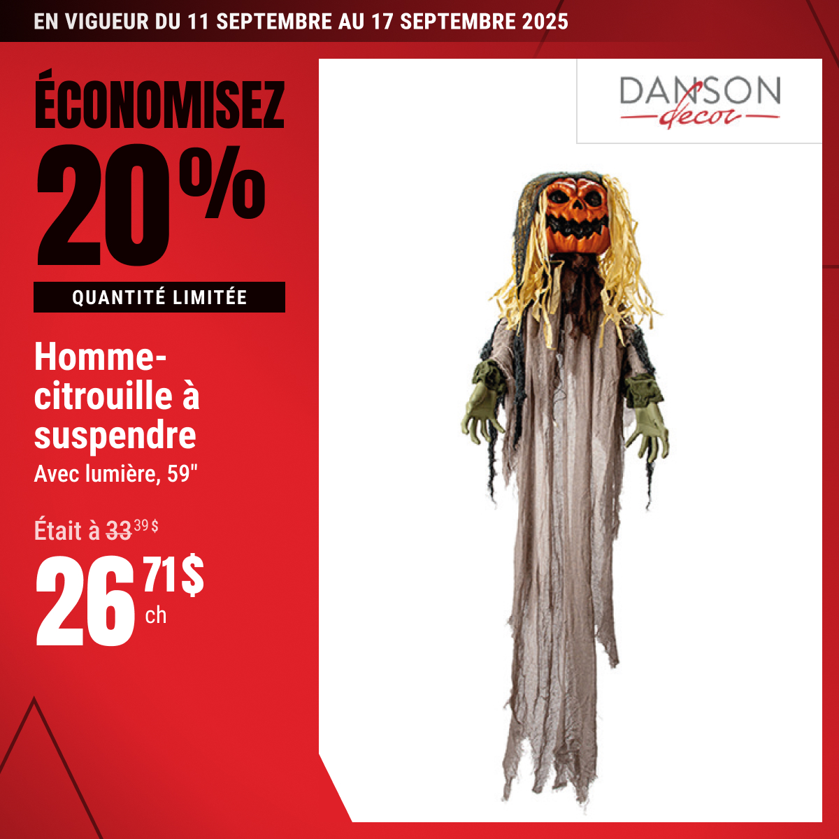 Économisez 20% sur l’homme-citrouille à suspendre !