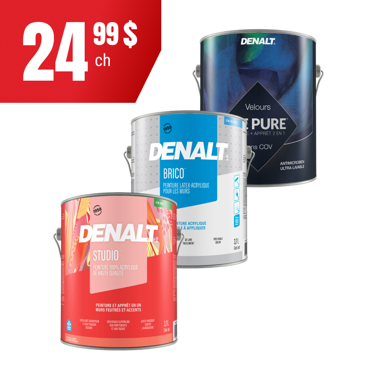 Peintures d’intérieur Studio, Brico et Vie Pure à partir de 24,99 $ chacune.